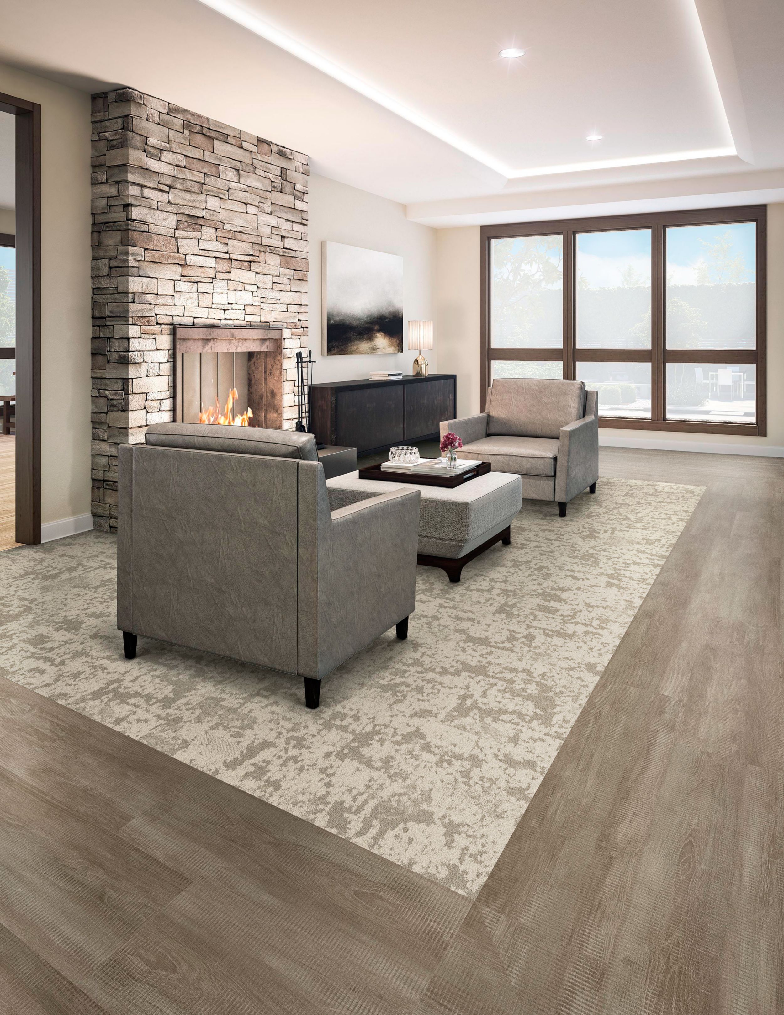 Interface Meadowland carpet tile in seating area for two with fireplace in brick wall image number 5